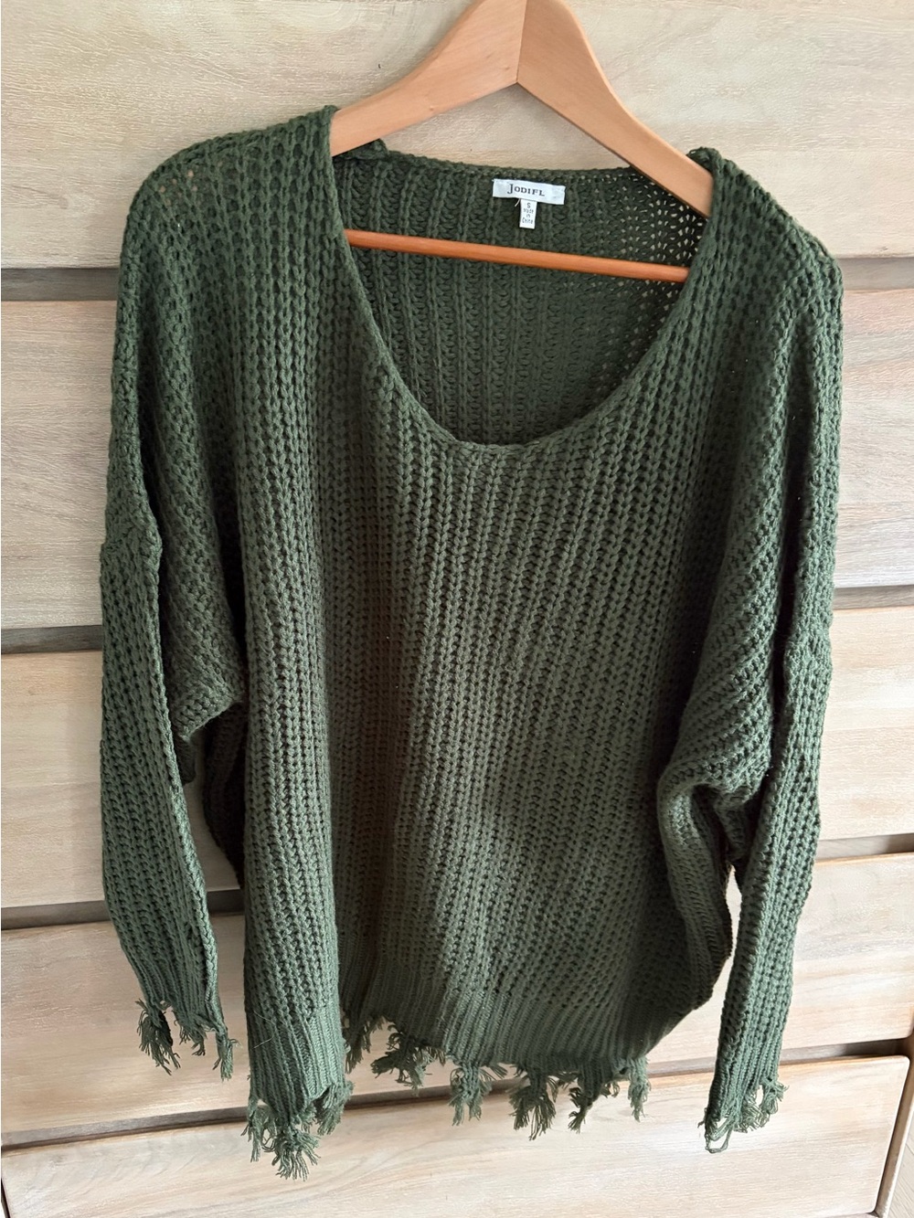 NWOT Pinkblush Olive Green Scoop Neck Fringe Knit Sweater (maternity)